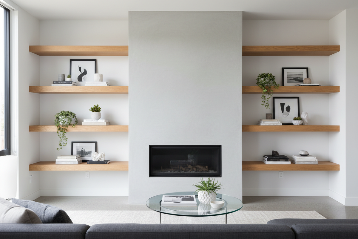 American Oak Veneer Floating Shelves Around Fireplace. 