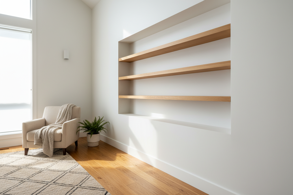 Can we put the shelves in a nook and make them shorter, please? And I don't want anything on the shelves, please. 