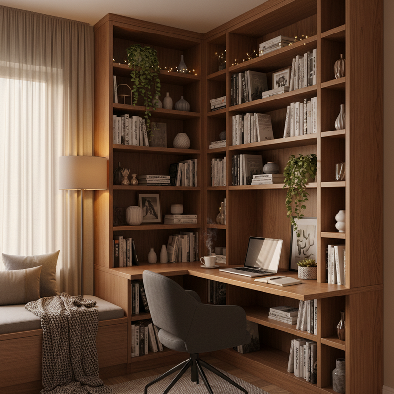 Can you make the office and desk integrated into the bookcase in the corner 
