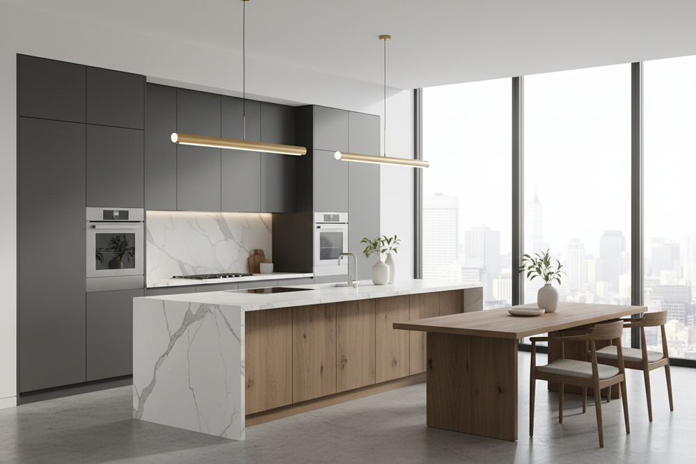 Modern kitchen in high-end apartment. 