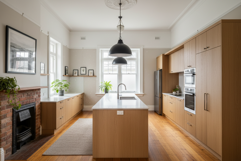 Modern kitchen in old Auckland villa. 