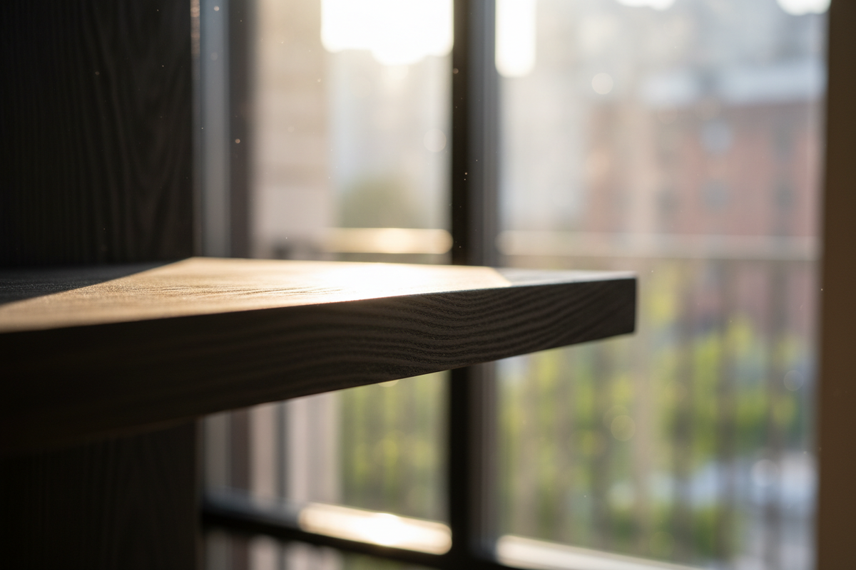 Too close. I would like a close-up shot of the edge of the front of the shelf which looks out the window. 